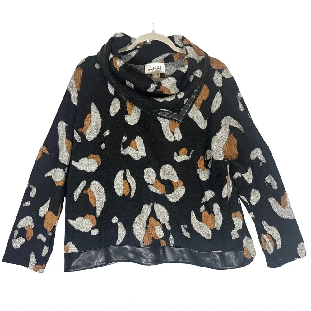 Joseph‎ Ribkoff Animal Print Cowl Neck Sweater Sz 10 Faux Leather Trim Mob Wife